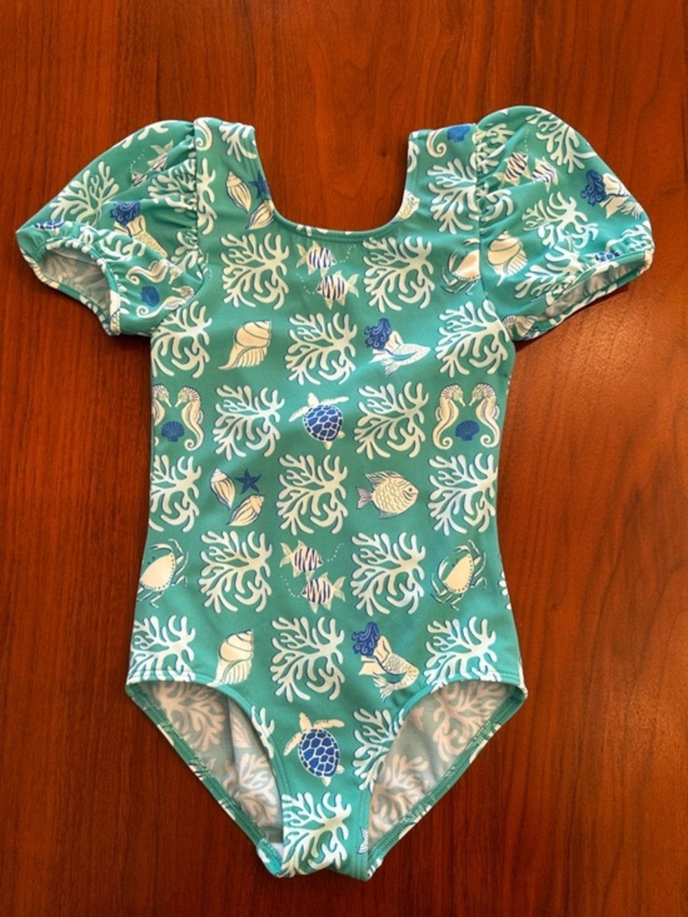 Mini Boden Sea Life Puff Sleeve One-Piece Swimsuit - Teal girls size 5-6